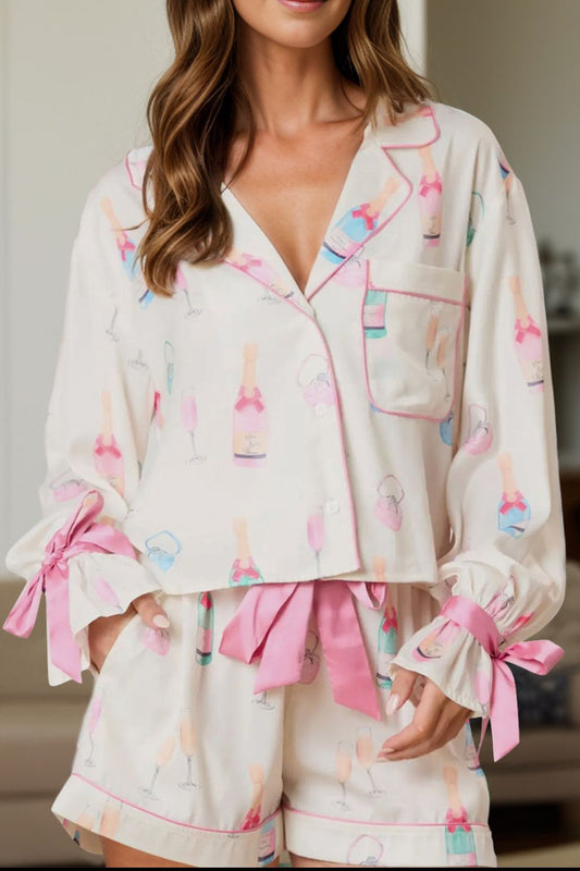 Feminine Bow Top & Shorts Pajama Set