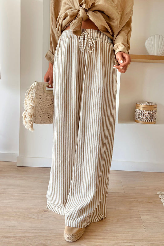 Khaki Stripe Wide Leg Drawstring Pants