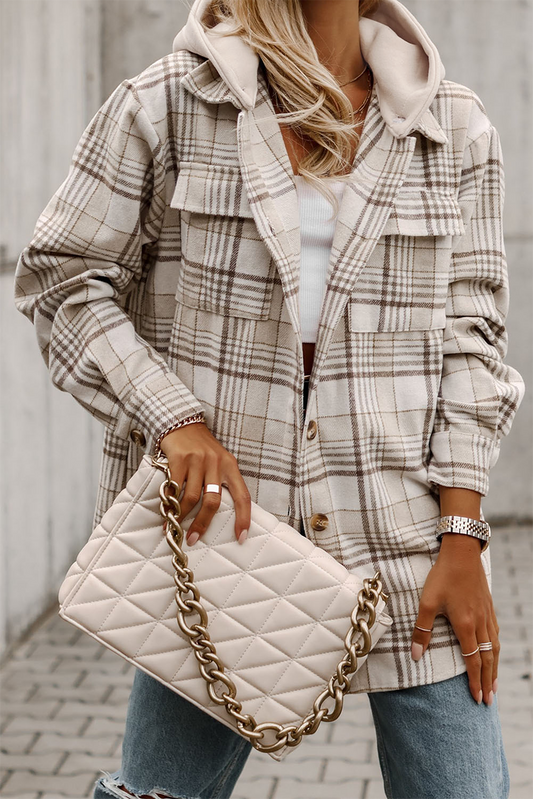 Khaki Plaid Removable Hood Shacket