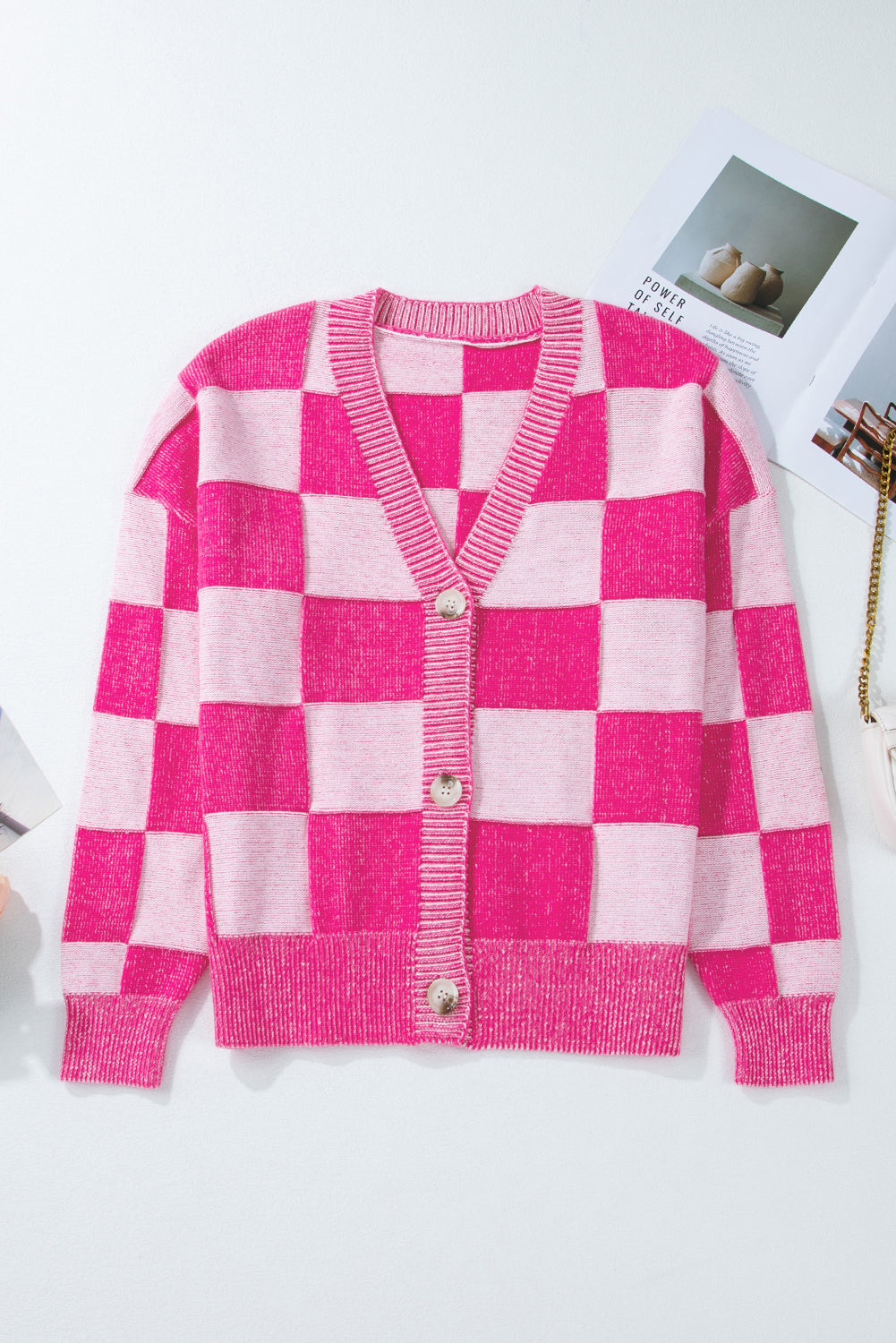 Pink Checkered Buttoned V-Neck Cardigan