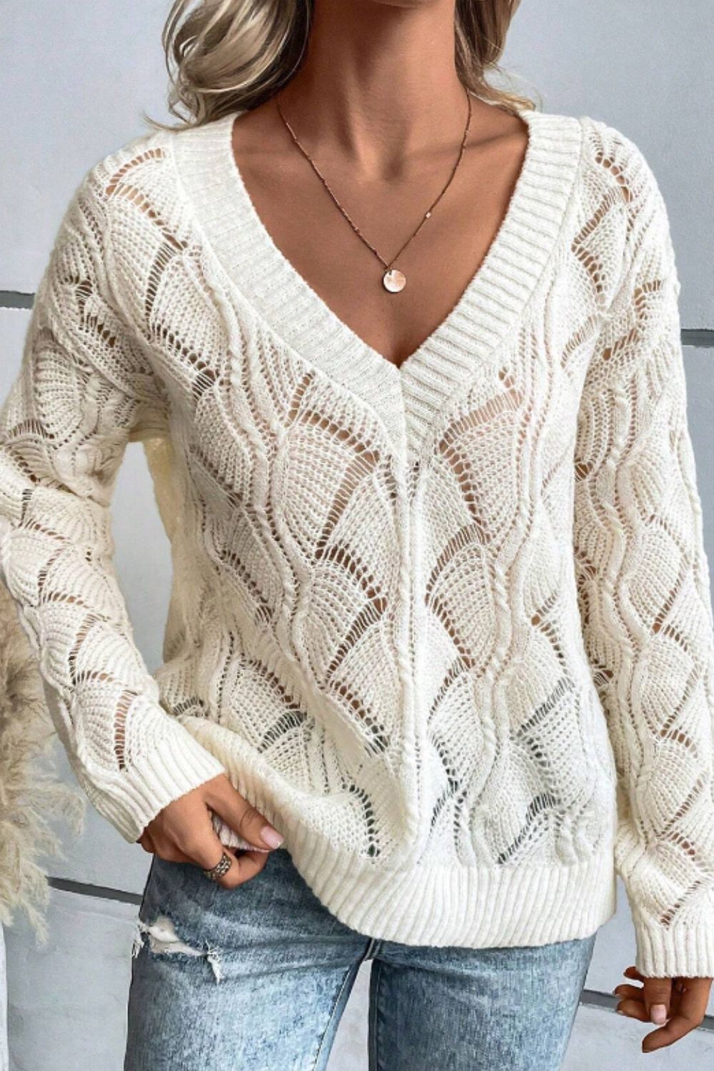 Openwork V-Neck Sweater