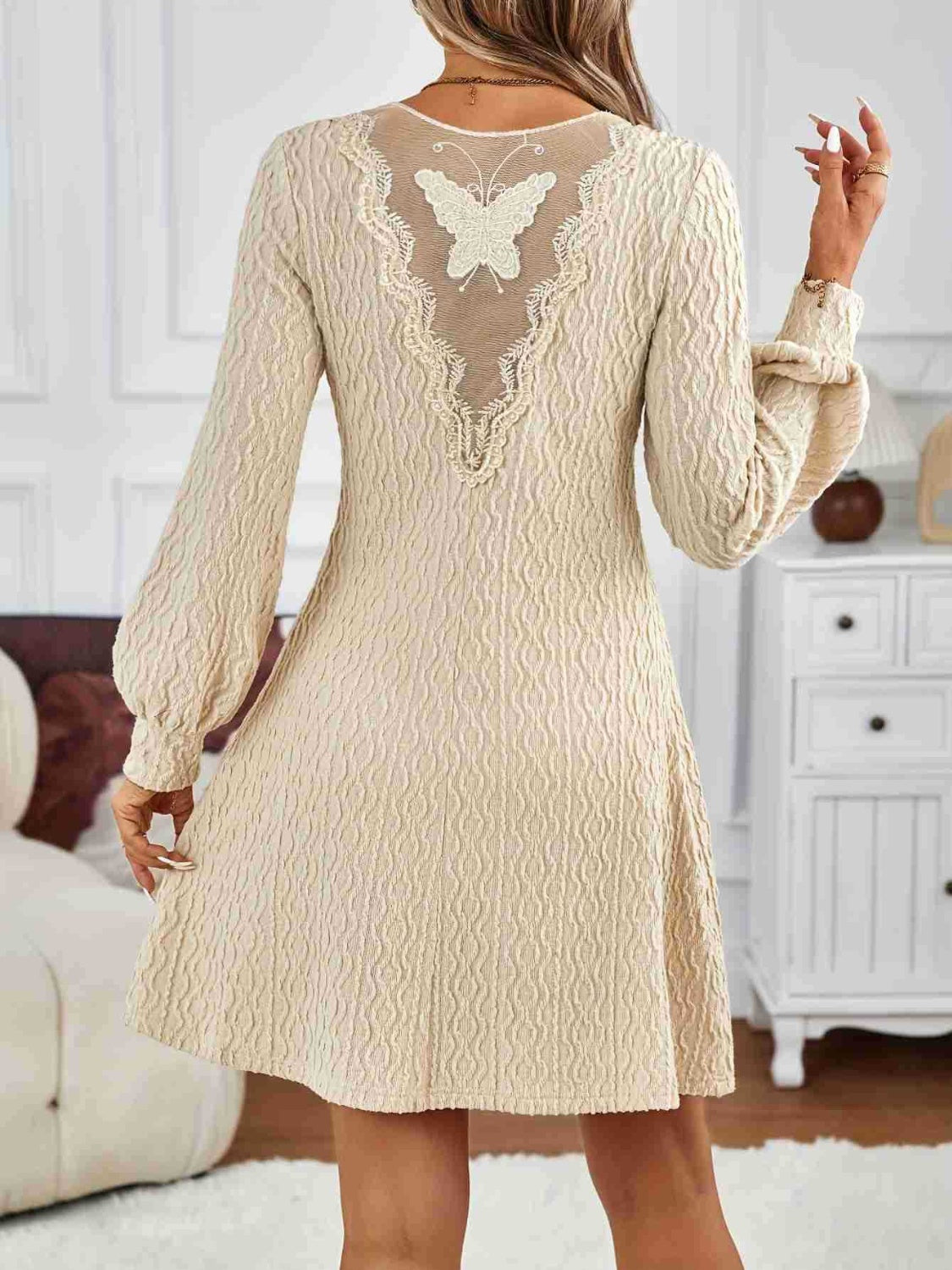 Butterfly Lace Detail V-Neck Dress