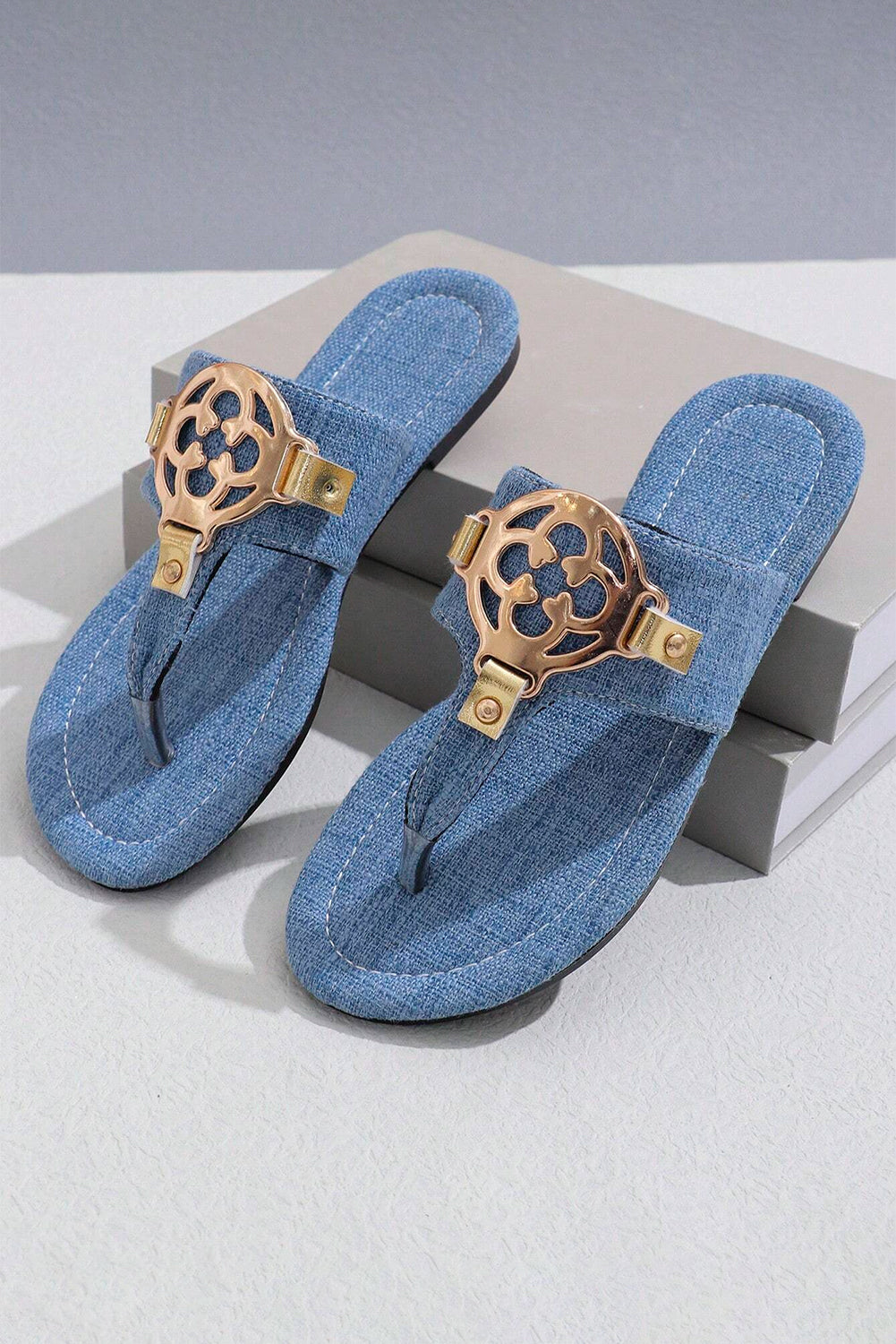 Dusk Blue Metal-Leather Thong Sandals