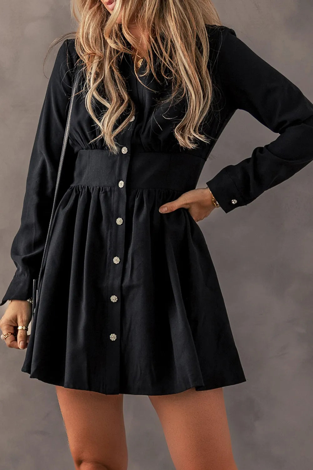 Ruched Button-Up Long Sleeve Dress