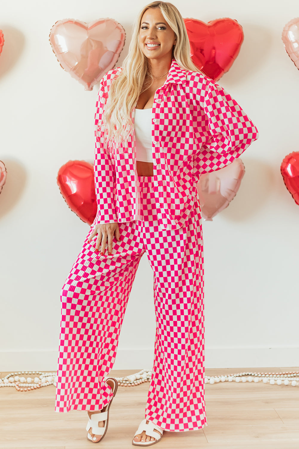 Pink Checkered Shirt & High Waist Pants Pajama Set