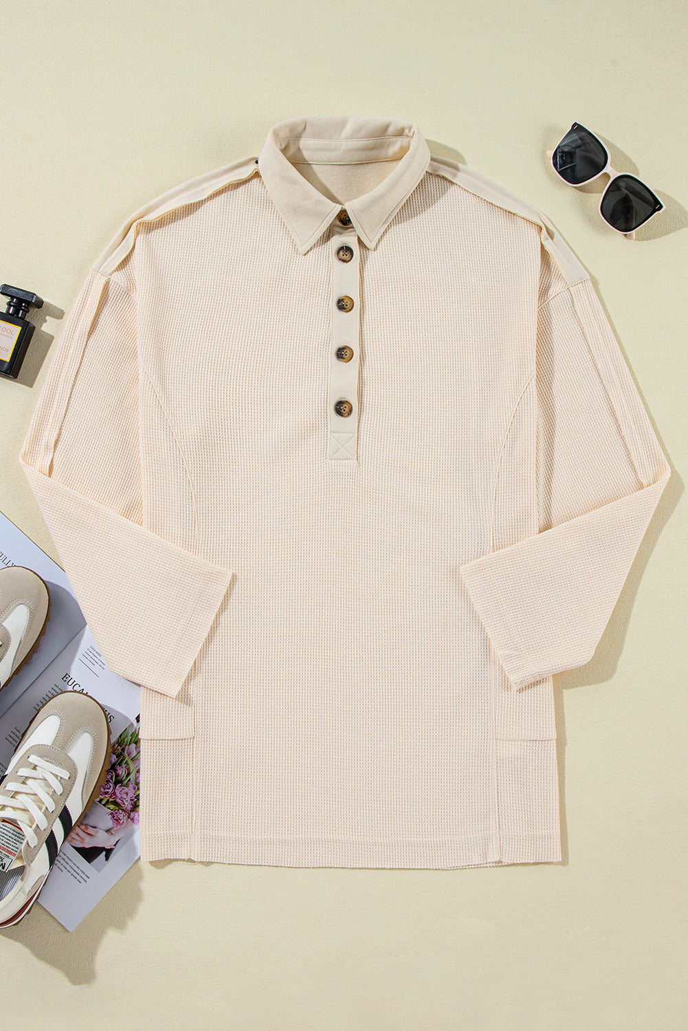 Waffle Long Sleeve Half Button Loose Top