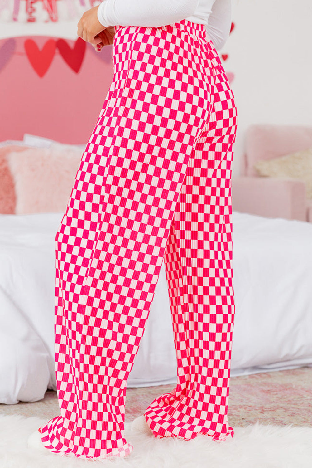 Pink Checkered Shirt & High Waist Pants Pajama Set