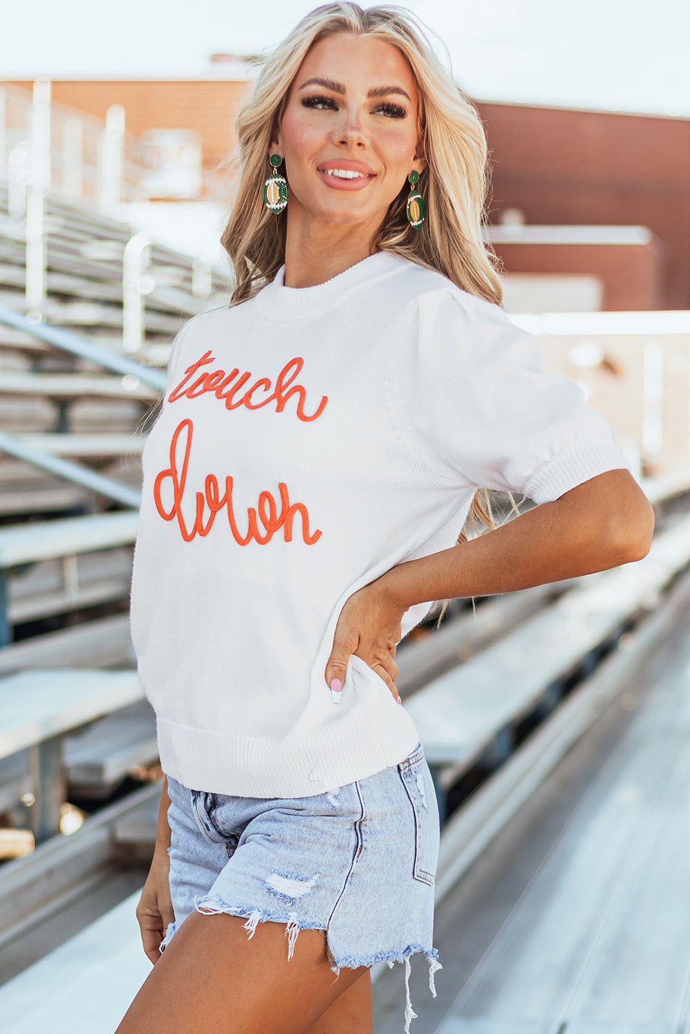 White Touchdown Tinsel Puff Sleeve Sweater