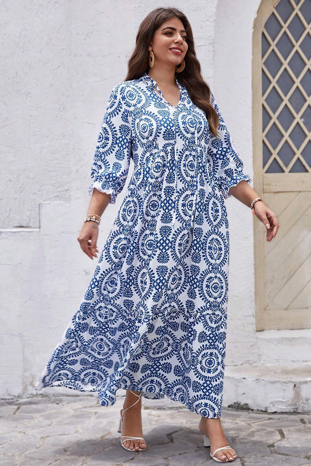 Plus Size Geometric Lace-up Maxi Dress