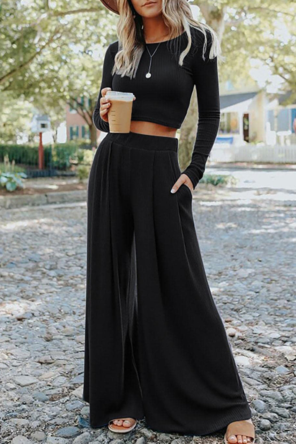 Ribbed Crop Top & Flowy Pants Set