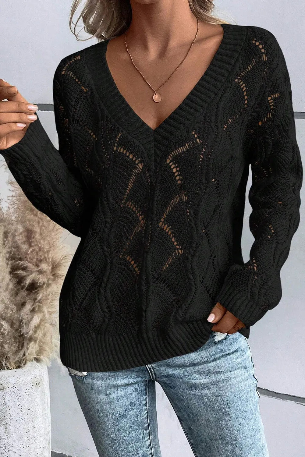 Openwork V-Neck Sweater