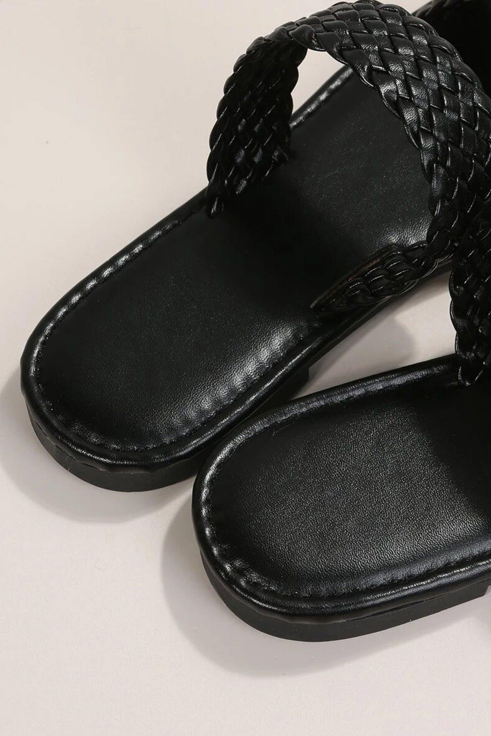 Black Braided Leather Flat Sandals