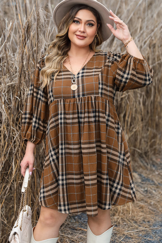 Plus Size Brown Plaid Babydoll Dress