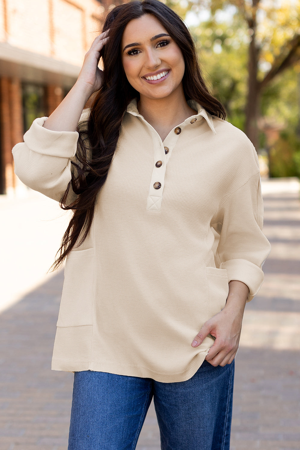 Waffle Long Sleeve Half Button Loose Top