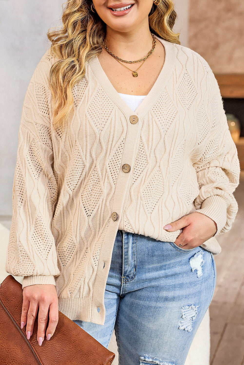 Plus Size Knitted Button Up Cardigan