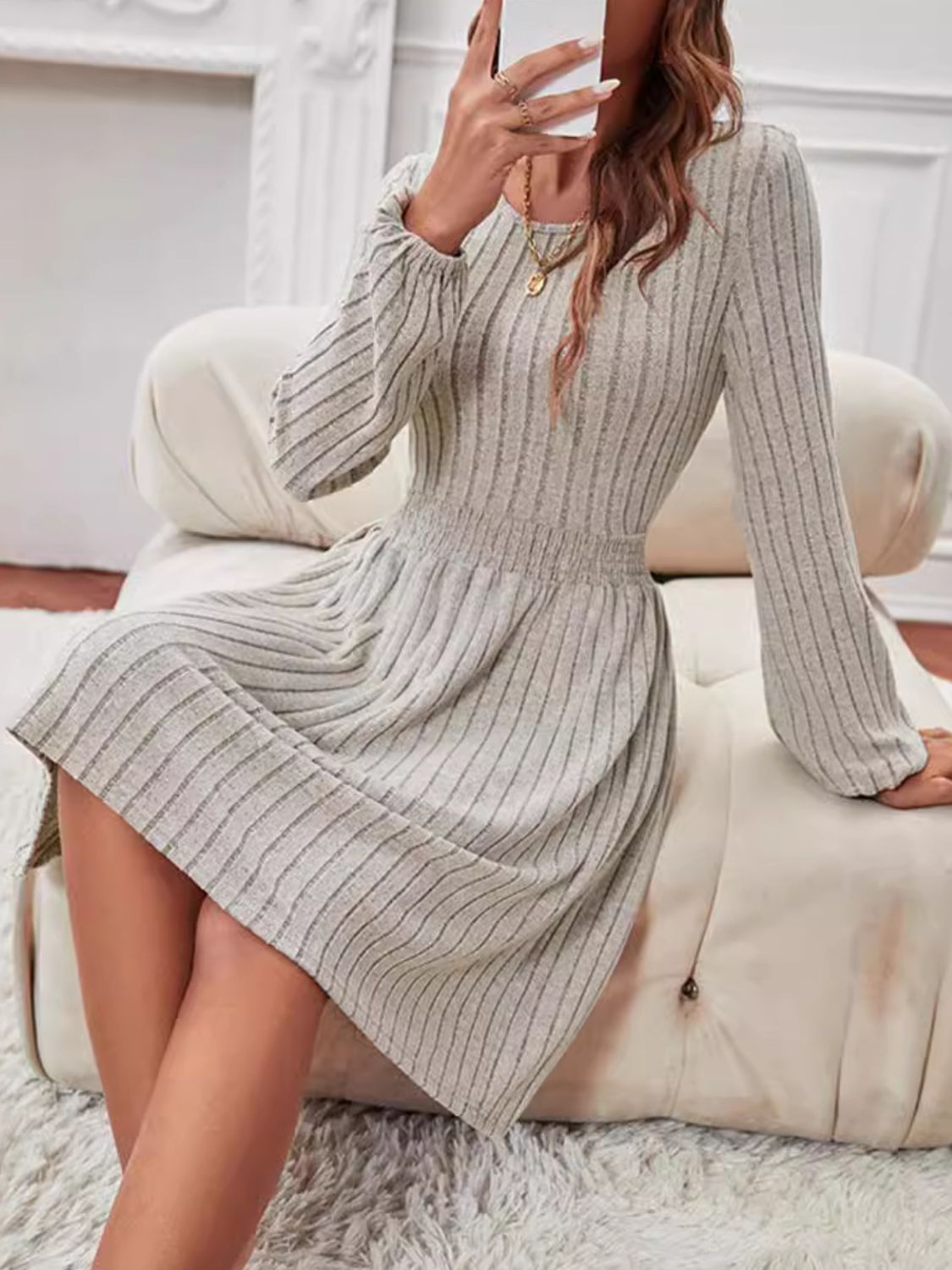 Smocked Long Sleeve Midi Dress