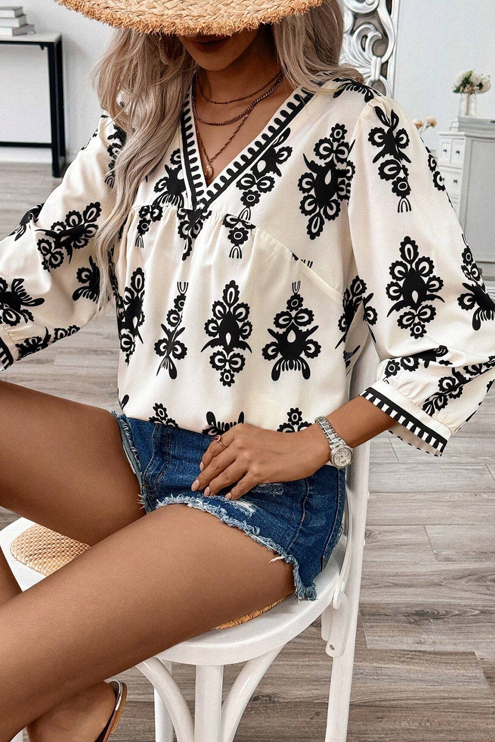 Geometric Printed 3/4 Sleeve Blouse