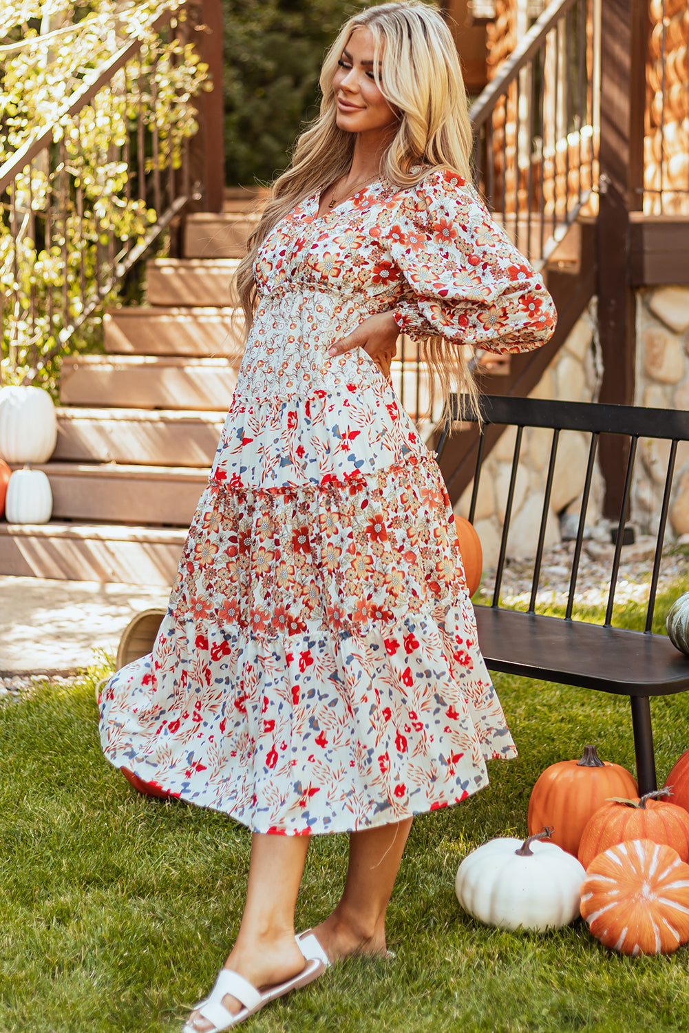 Floral Ruffled Tiered Long Sleeve Midi Dress