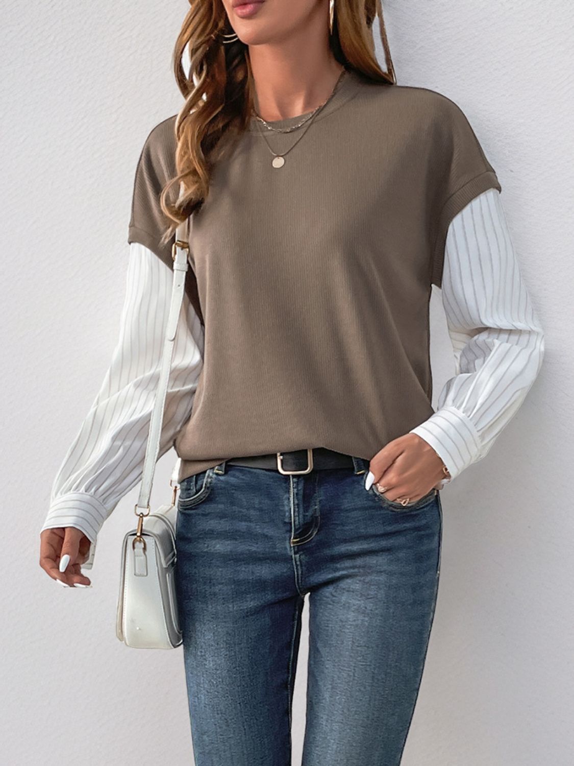 Round Neck Striped Sleeve Sweatshirt