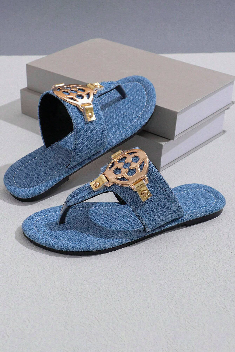 Dusk Blue Metal-Leather Thong Sandals