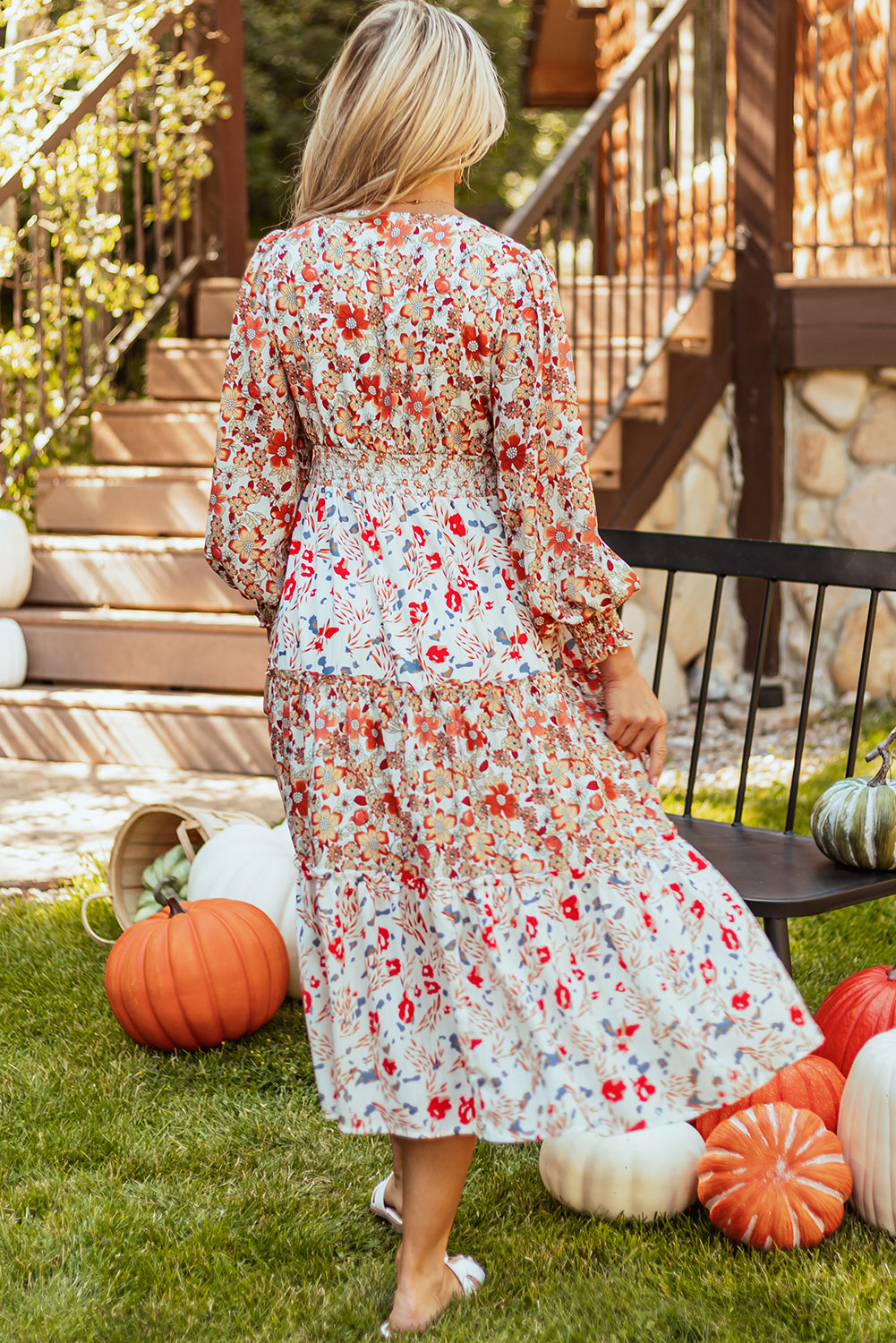 Floral Ruffled Tiered Long Sleeve Midi Dress