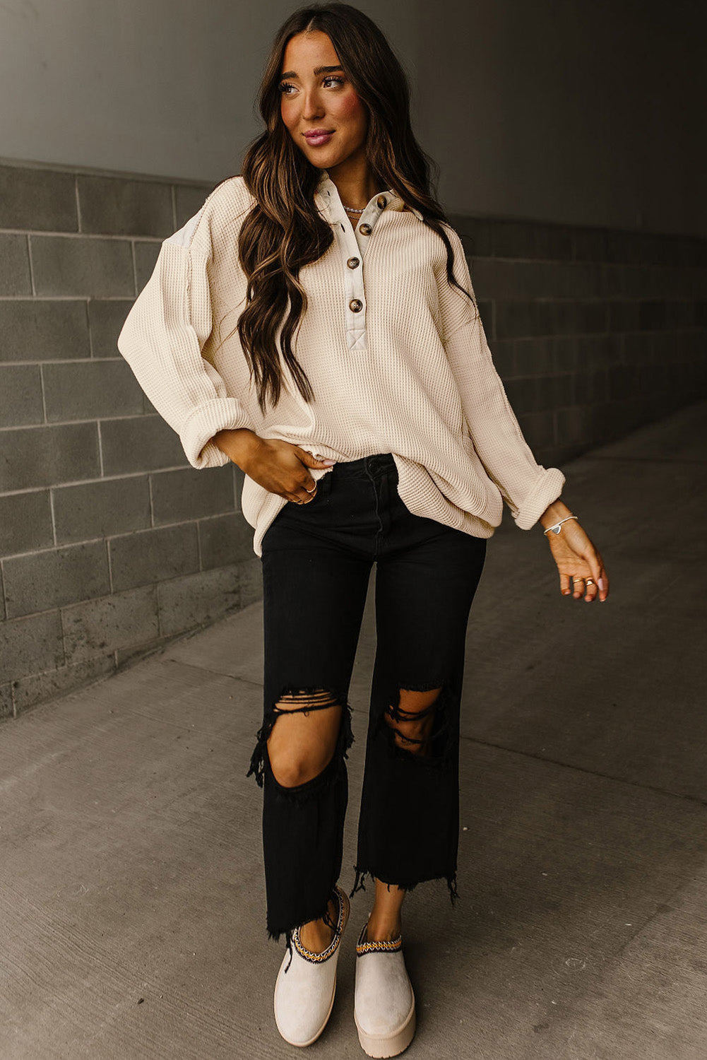 Waffle Long Sleeve Half Button Loose Top