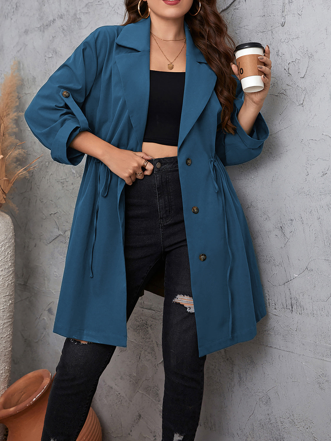 Plus Size Lapel Roll-Tab Trench Coat