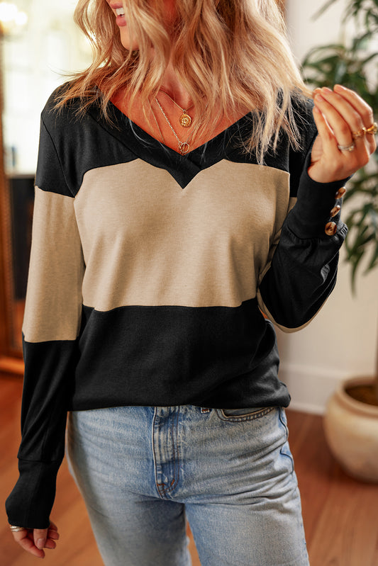 Colorblock Button Long Sleeve V-Neck Top