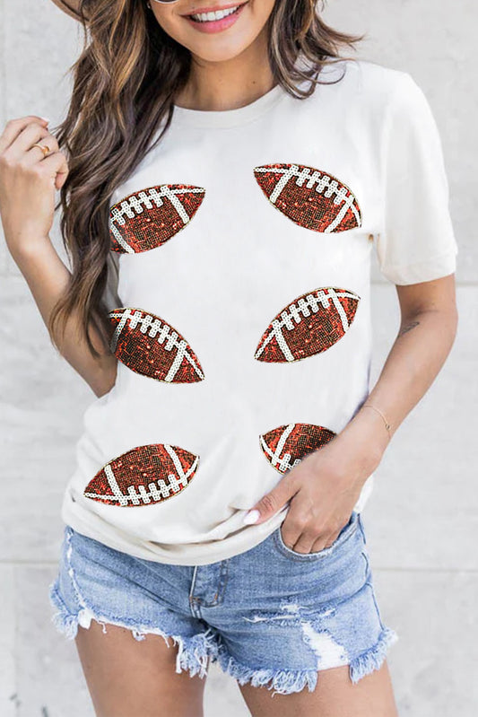 White Sequin Football Cotton T Shirt