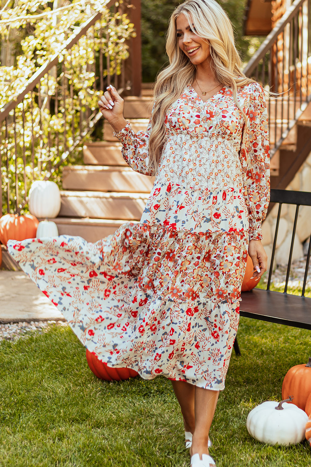 Floral Ruffled Tiered Long Sleeve Midi Dress