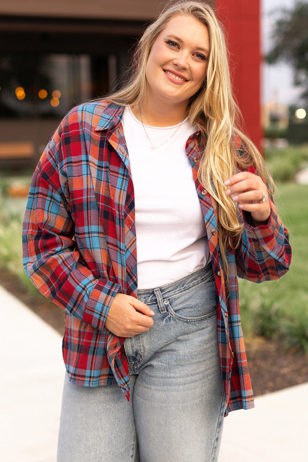 Plus Size Plaid Print Buttoned Shirt