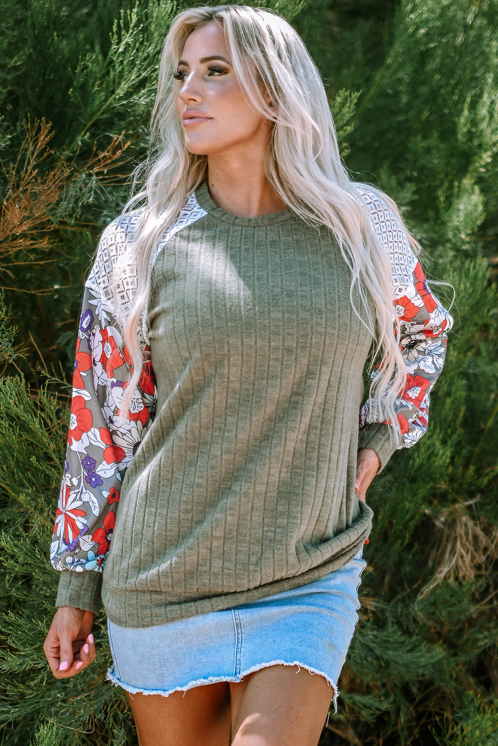 Floral Patchwork Long Sleeve Ribbed Blouse