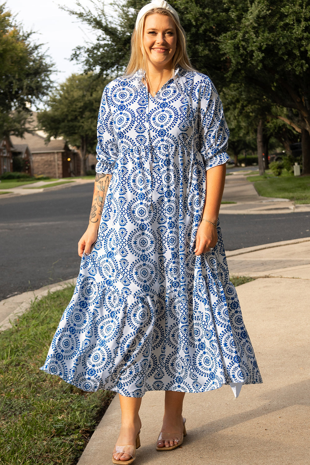 Plus Size Geometric Lace-up Maxi Dress