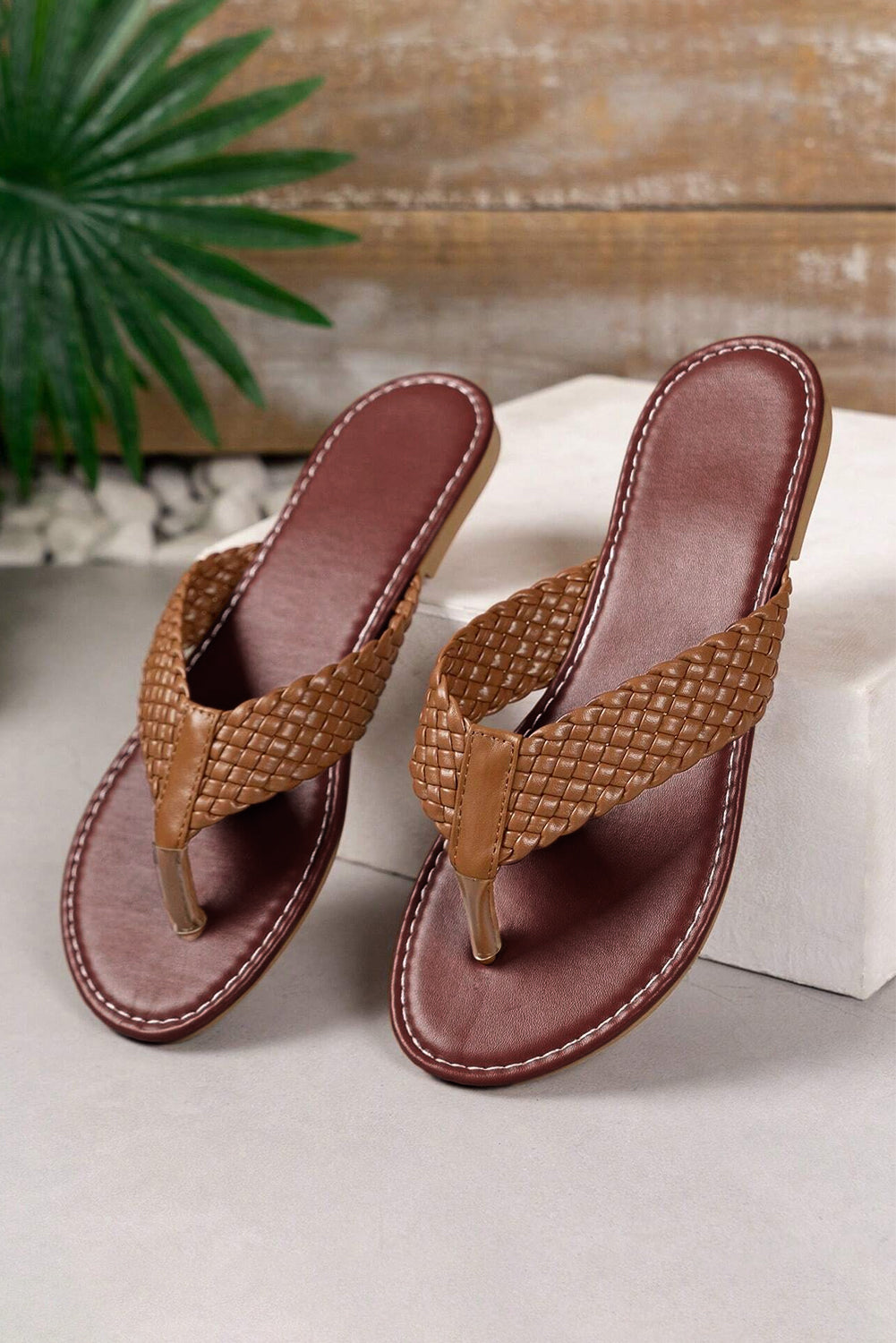 Chestnut Braided Leather Flip Flops