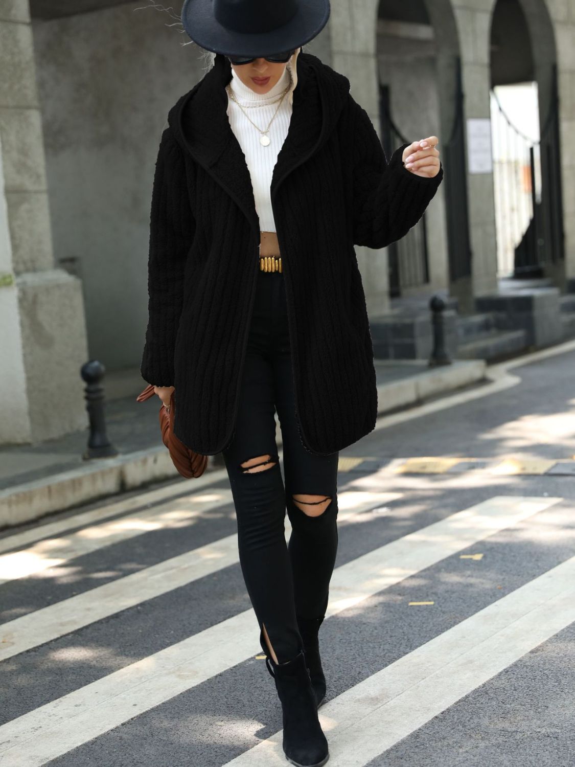 Open Ribbed Hooded Coat