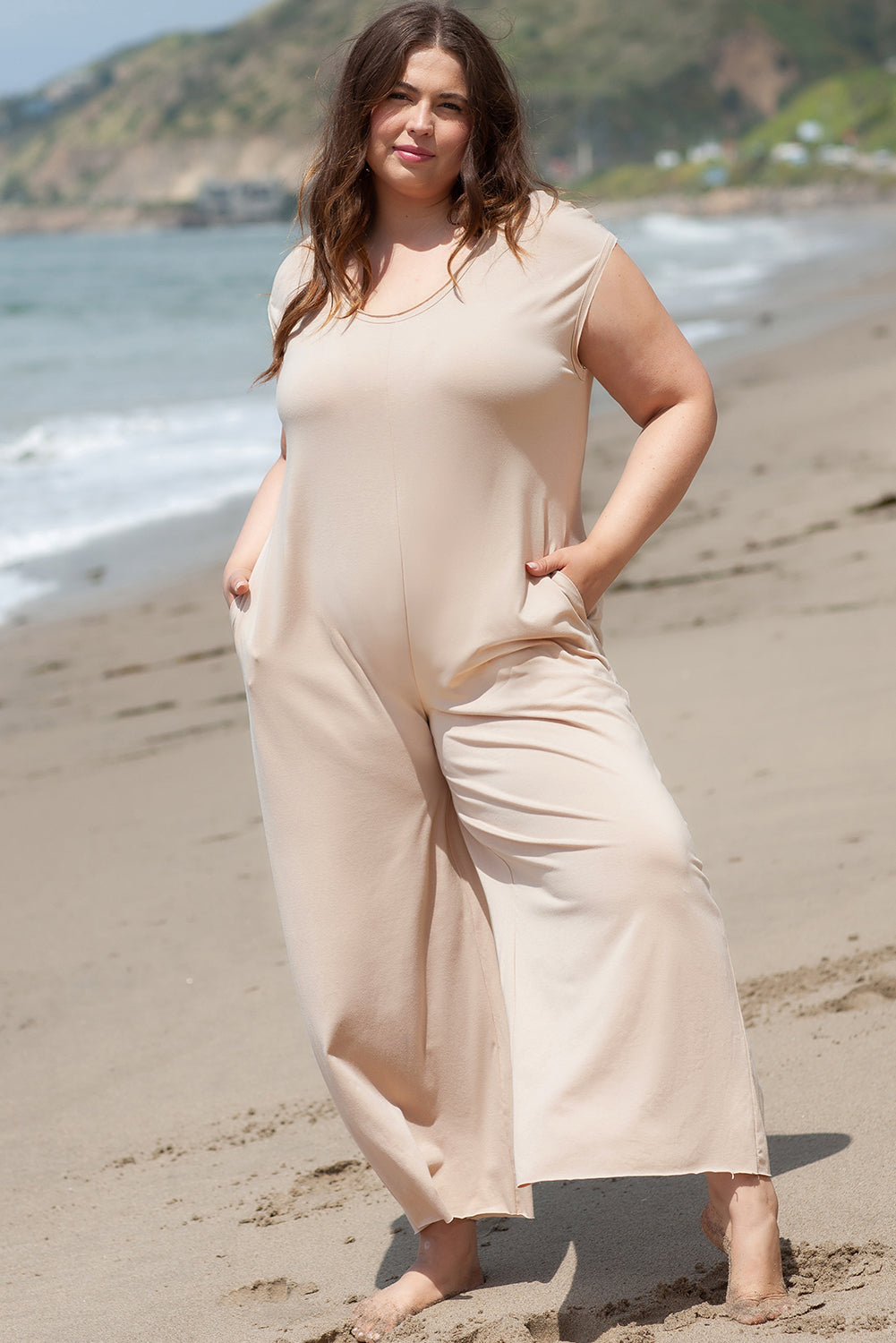 Plus Size Beige Wide Leg Jumpsuit