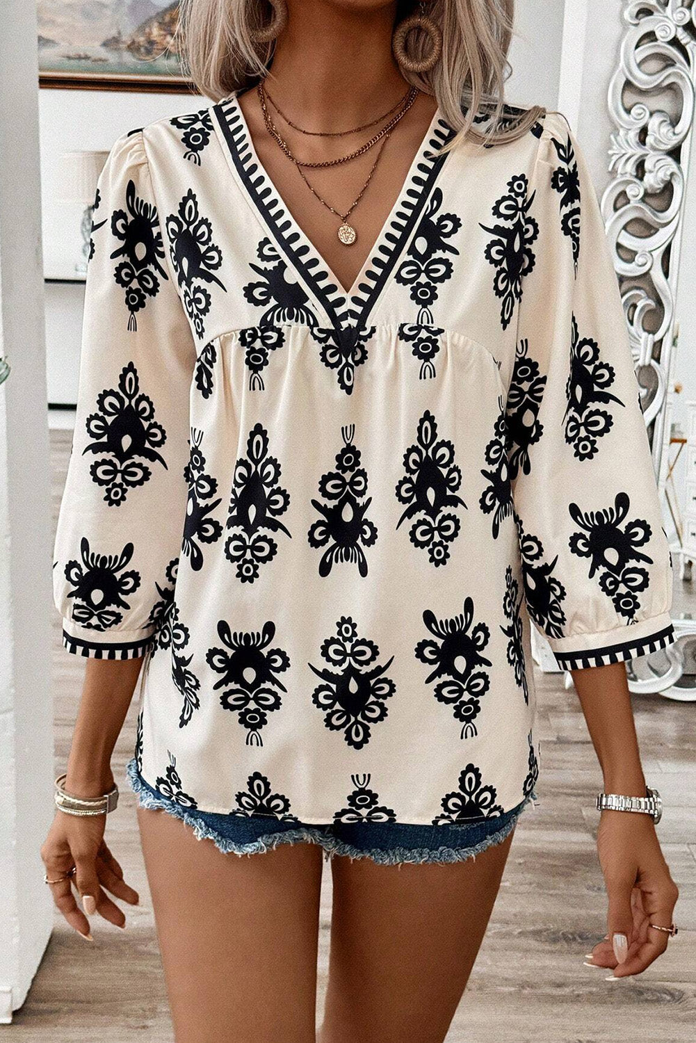 Geometric Printed 3/4 Sleeve Blouse