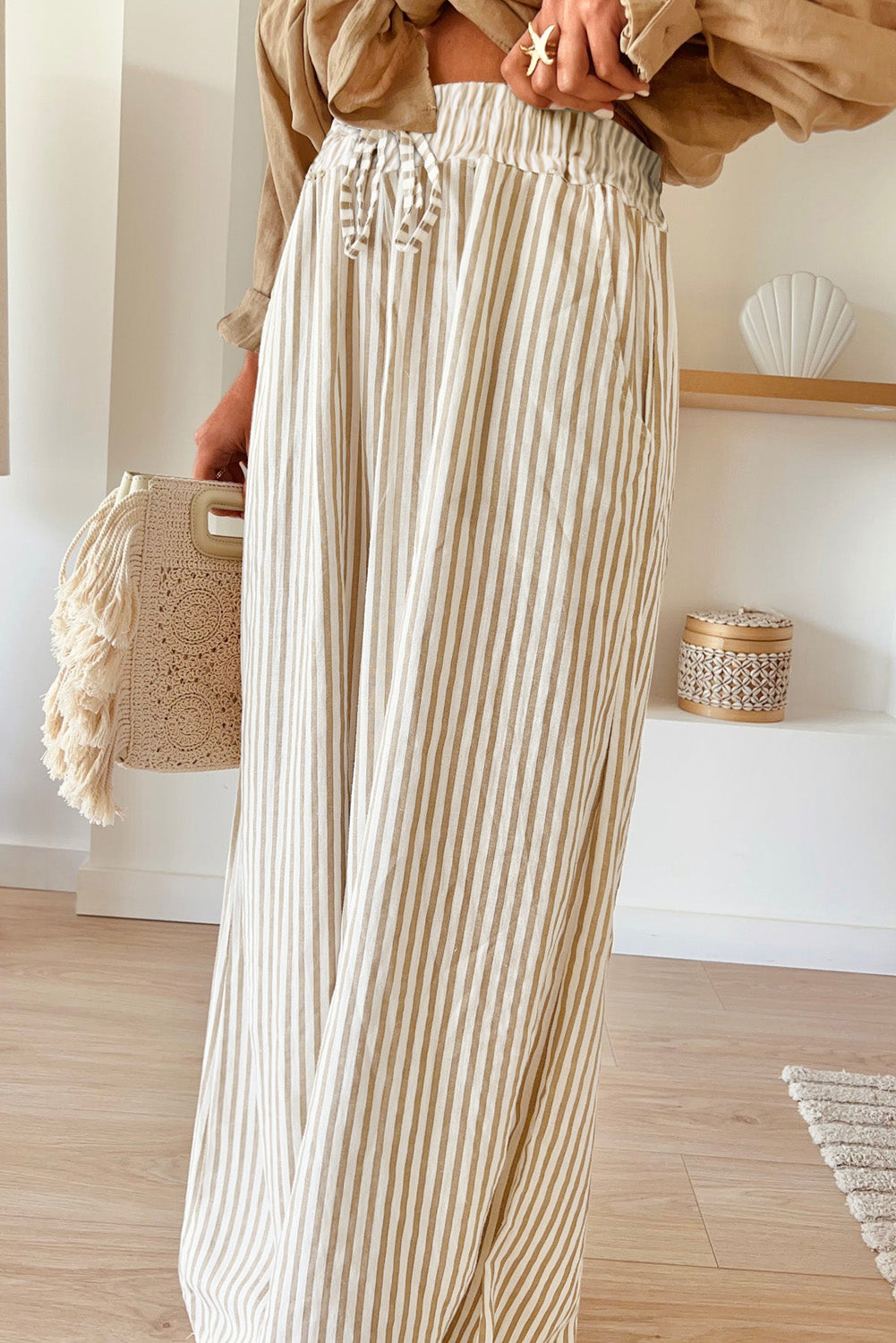 Plus Size Khaki Stripe High Waist Pants