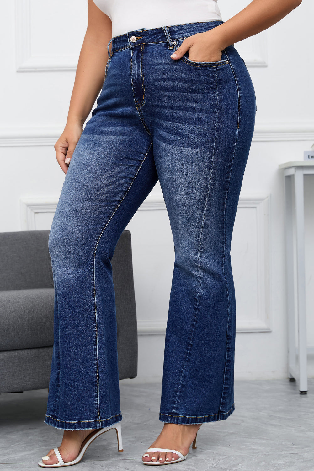 Plus Size Stitching Washed Flare Jeans