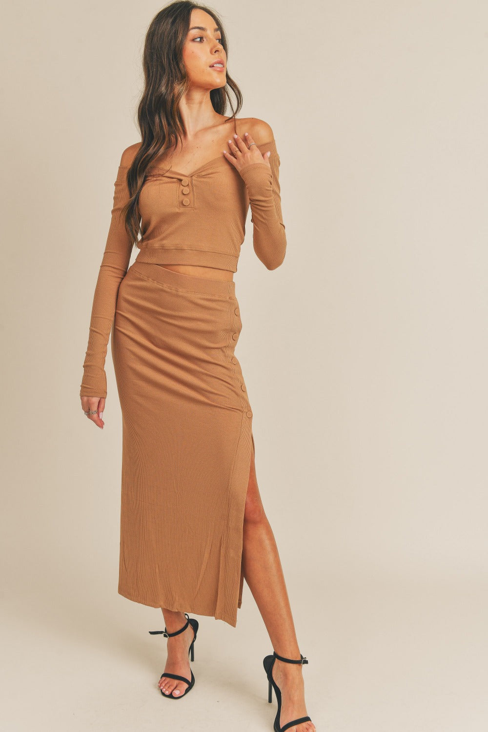 Button Crop Top & Slit Midi Skirt Set