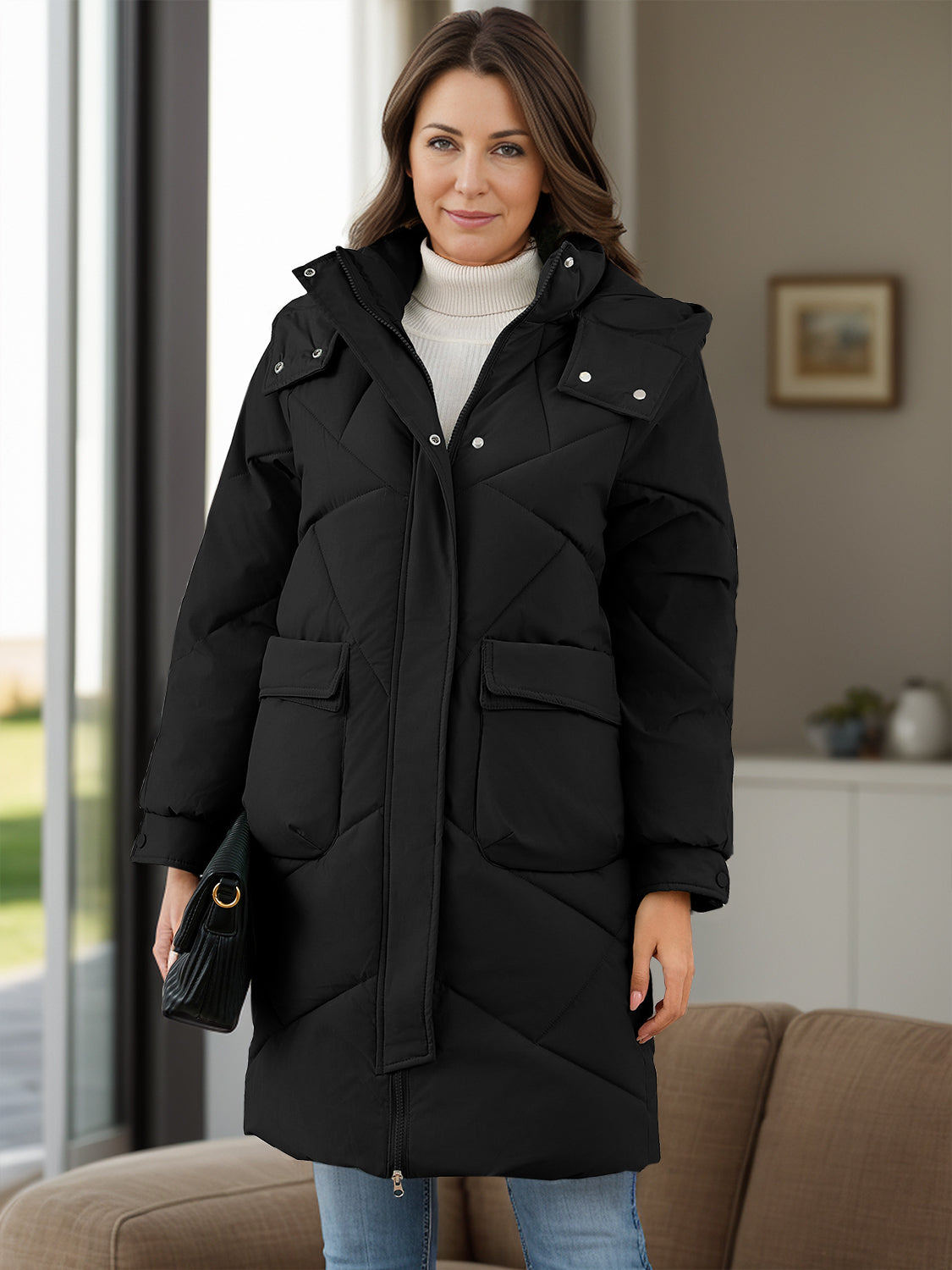 Longline Hooded Winter Coat with Pockets