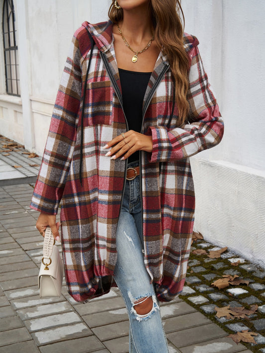 Plaid Zip-Up Hooded Coat