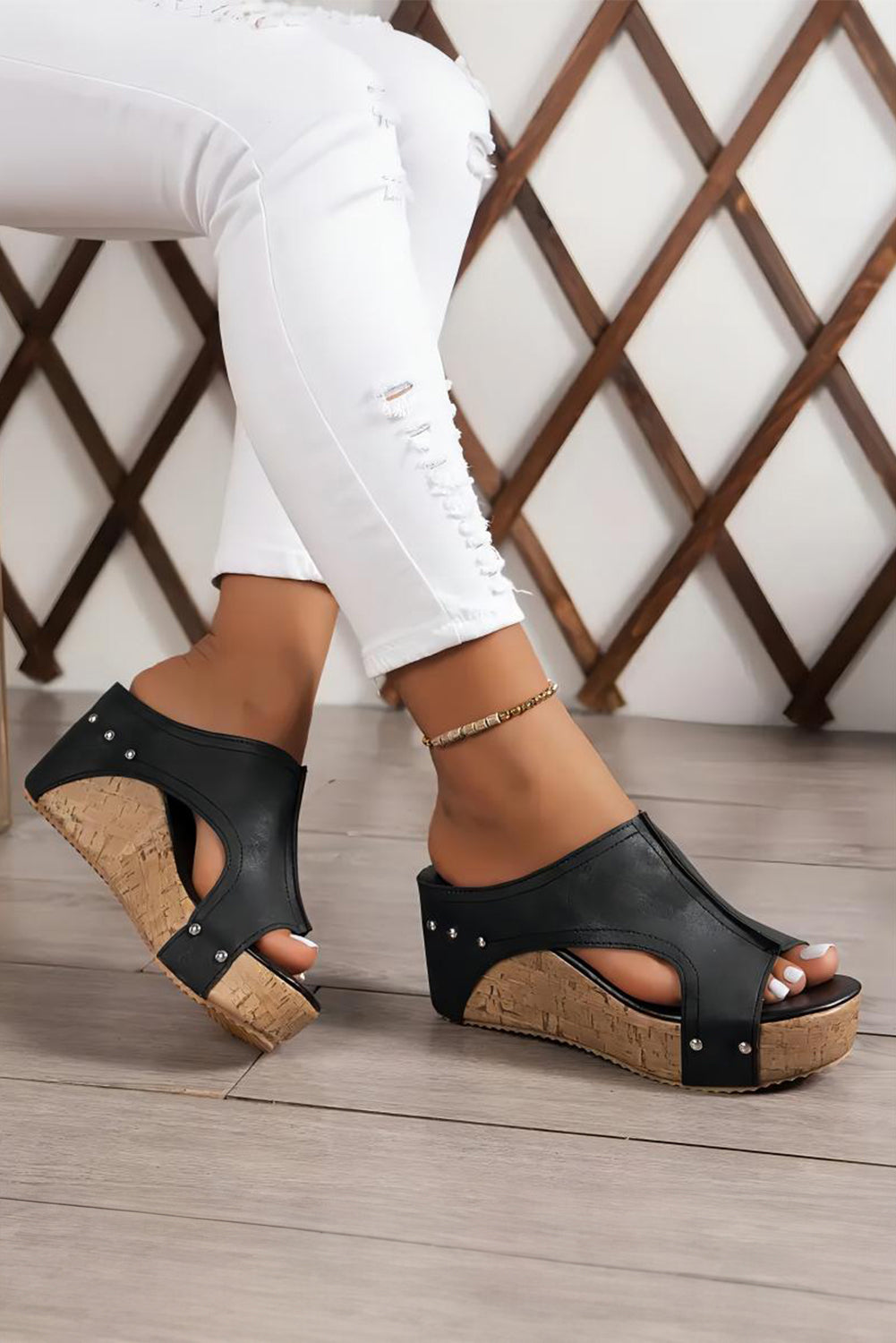 Hollow Out Leather Wedge Sandals