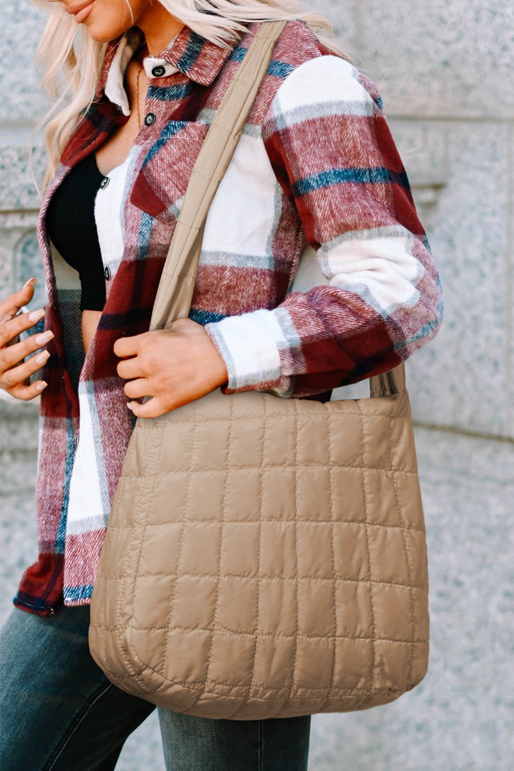 Beige Quilted Zipper Shoulder Bag