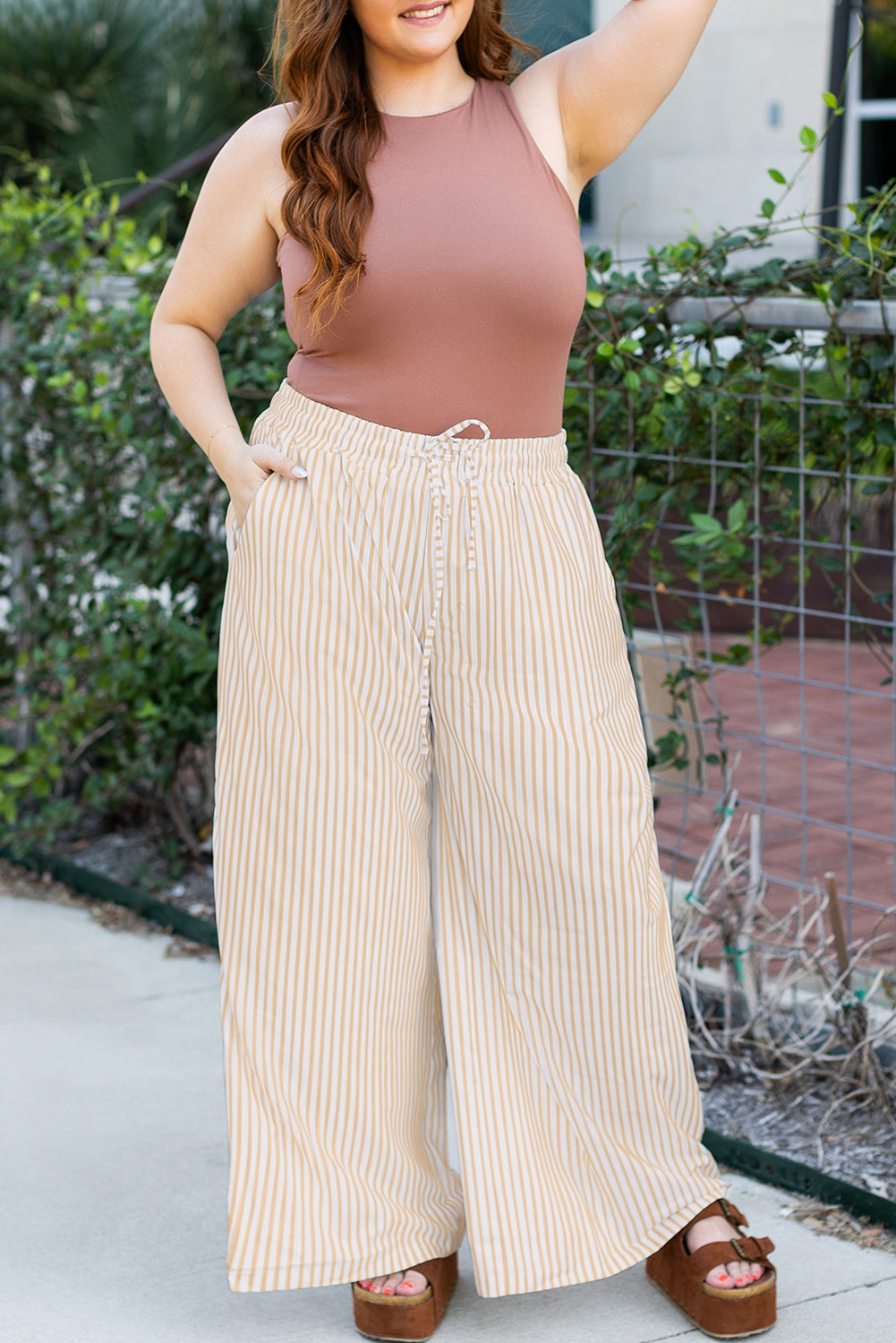 Plus Size Khaki Stripe High Waist Pants