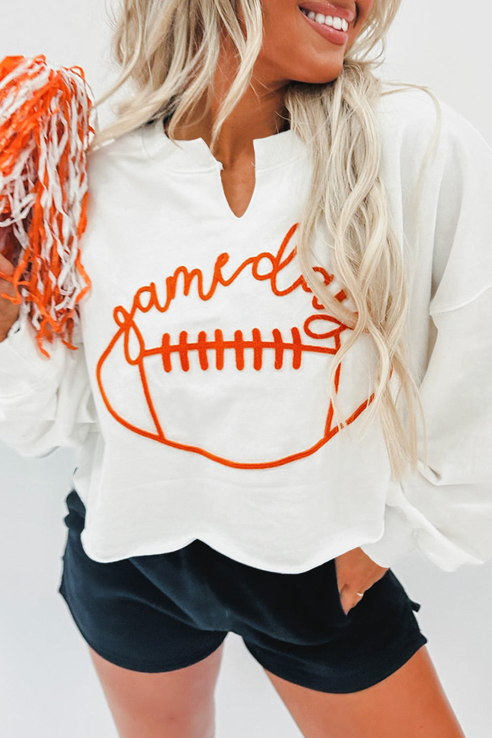 White Game Day Football Notched Crewneck