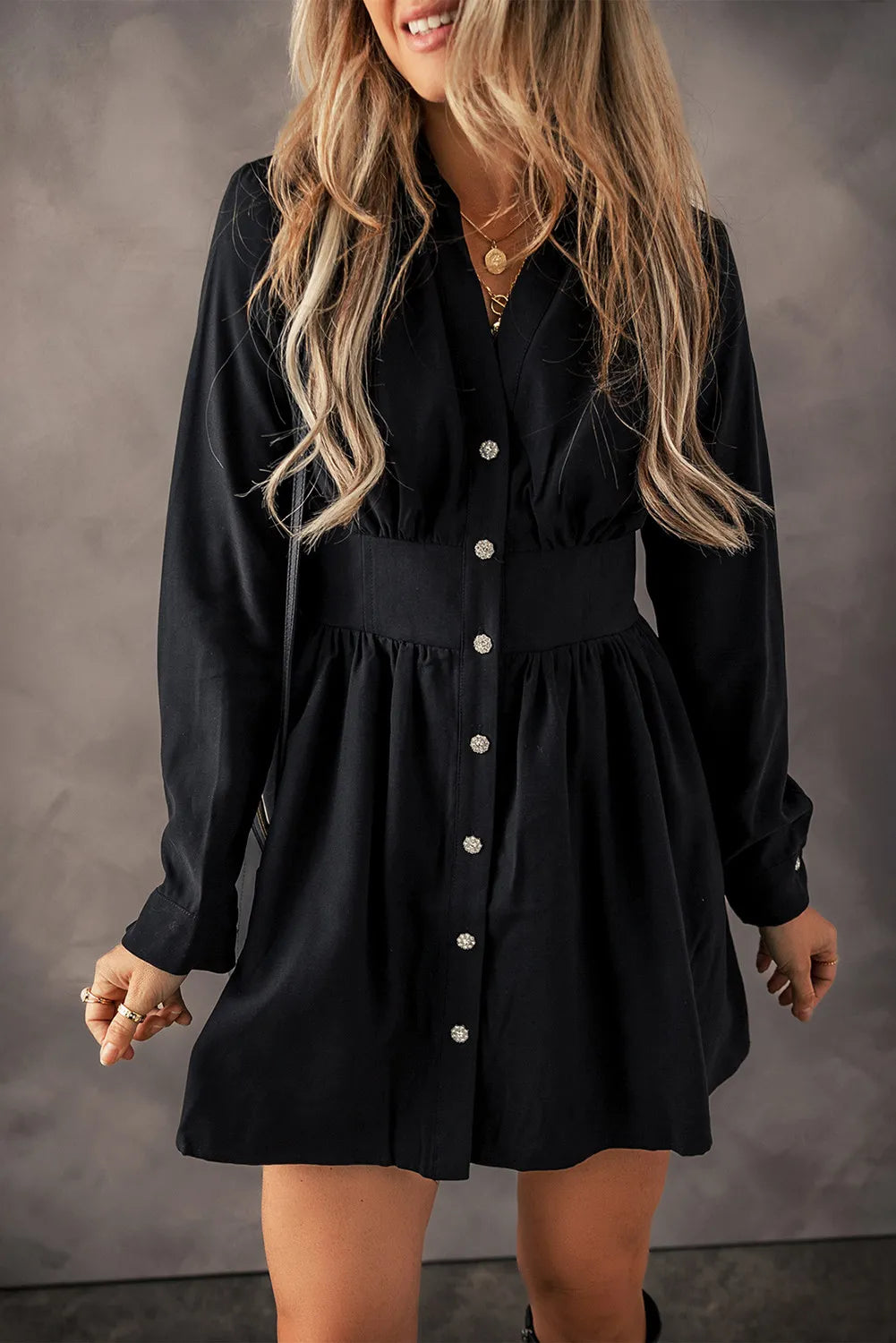 Ruched Button-Up Long Sleeve Dress