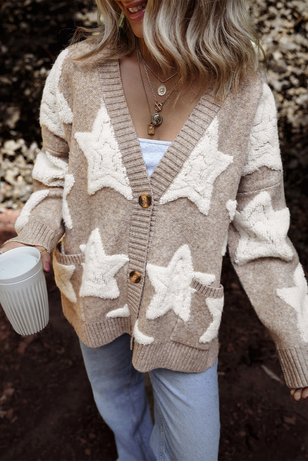 Khaki Sherpa Star Textured Sweater Cardigan