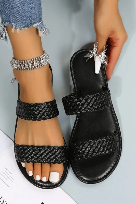 Black Braided Leather Flat Sandals