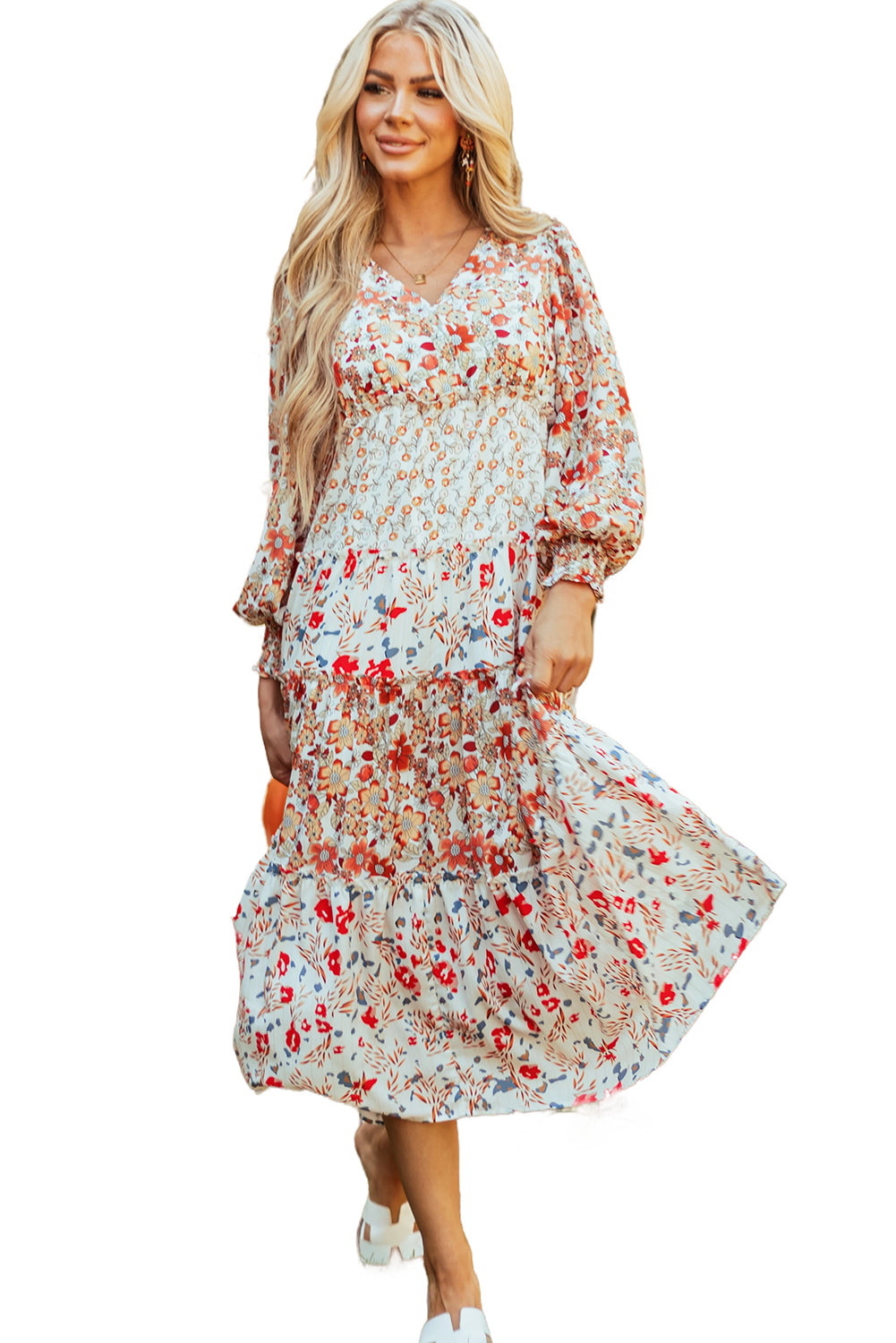 Floral Ruffled Tiered Long Sleeve Midi Dress